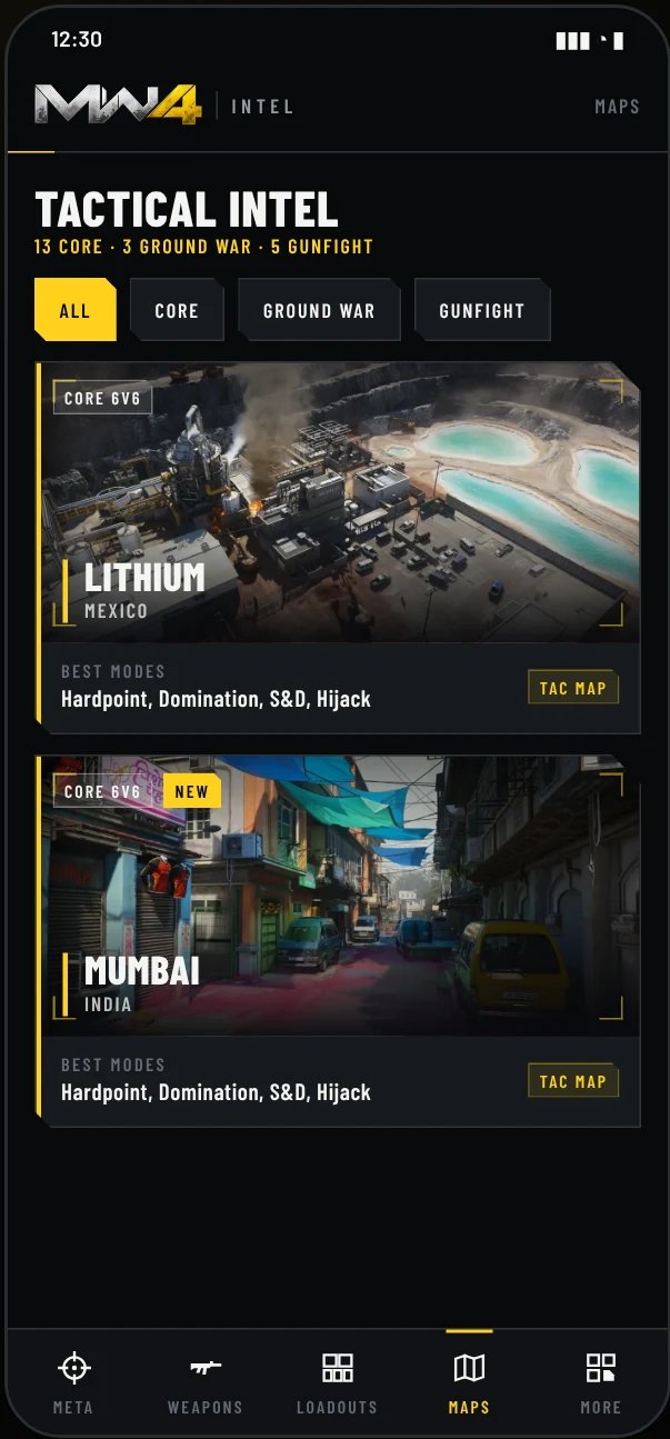 MW4 Intel app — Tactical Intel: maps by playlist